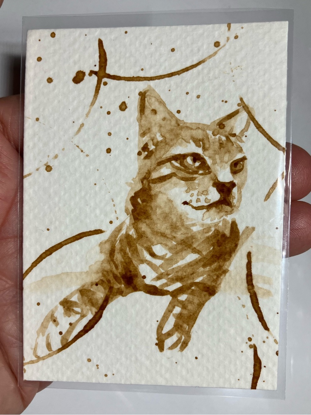 Aceo original cat coffee painting tabby kitten ATC fun art gift treat yourself